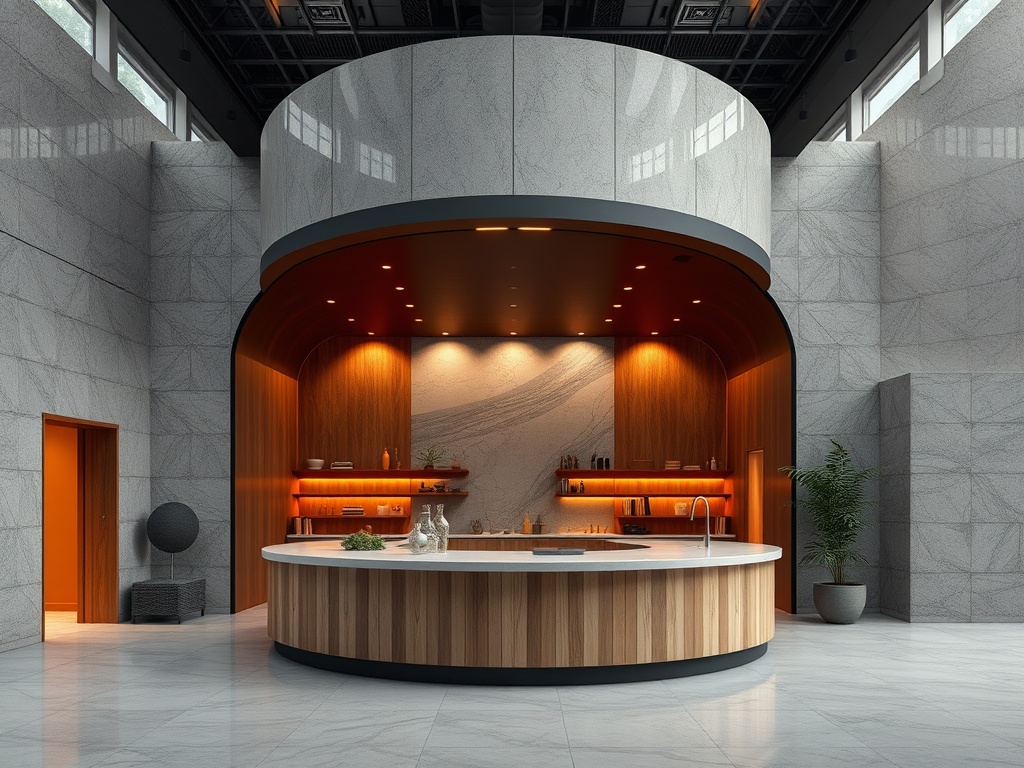 Современная кухня с округлым островом, деревянной отделкой и приглушённым освещением в стильном интерьере.