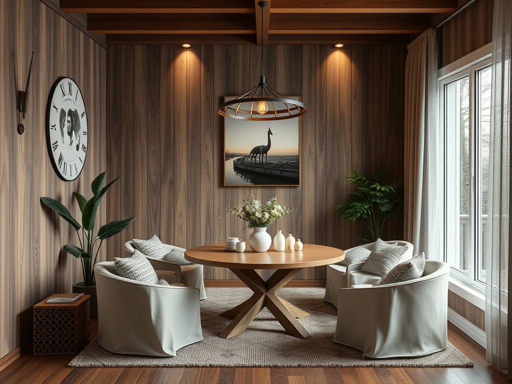 Уютная гостиная с круглыми креслами, круглым столом и картинами на стенах в теплых тонах.