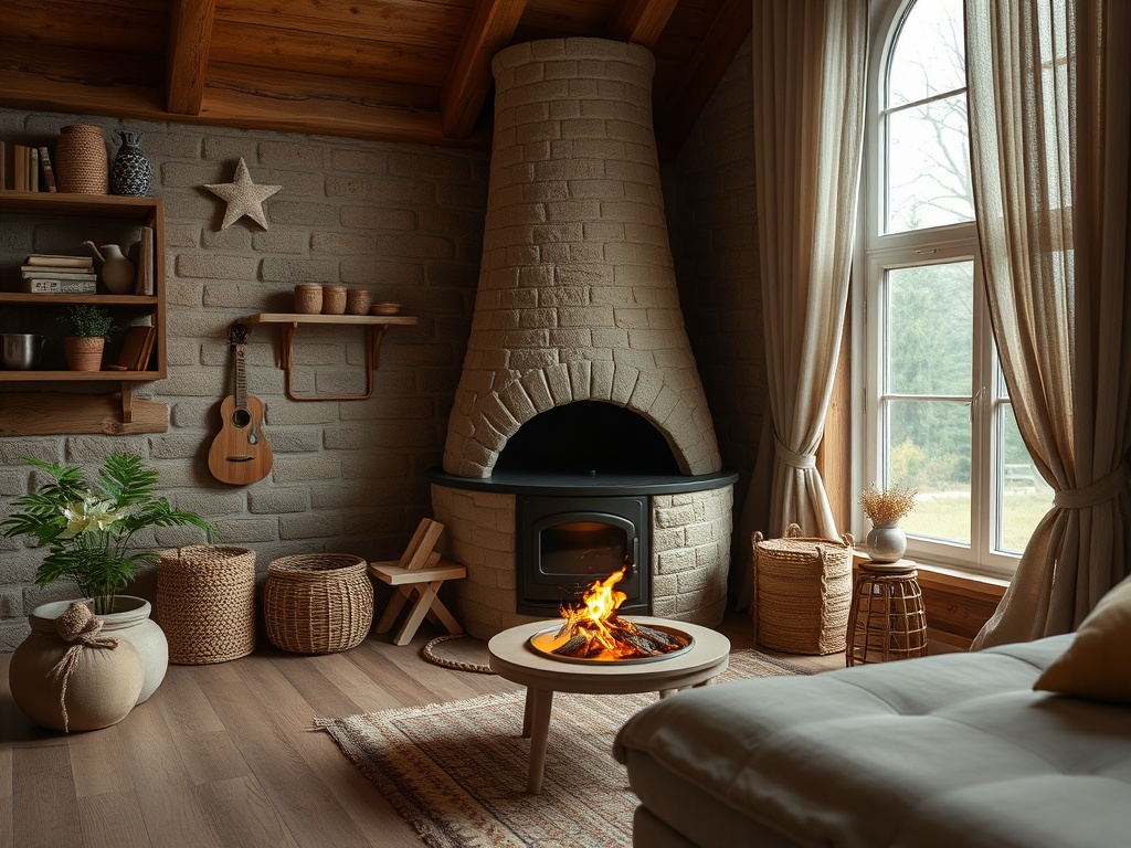 Уютная комната с кирпичным камином, плетеными корзинами и гитарой на стене, оформленная в теплых тонах.