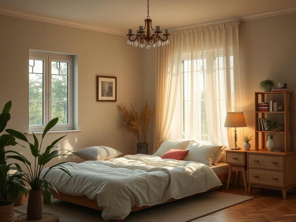 Уютная спальня с большим окном, светлыми шторами и деревянной мебелью, наполненная мягким светом.
