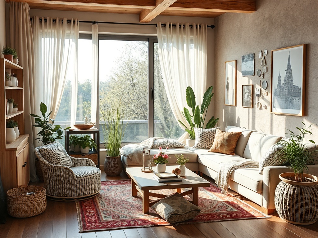 Светлая гостиная с удобной мебелью, зелеными растениями и большими окнами, наполняющими пространство светом.