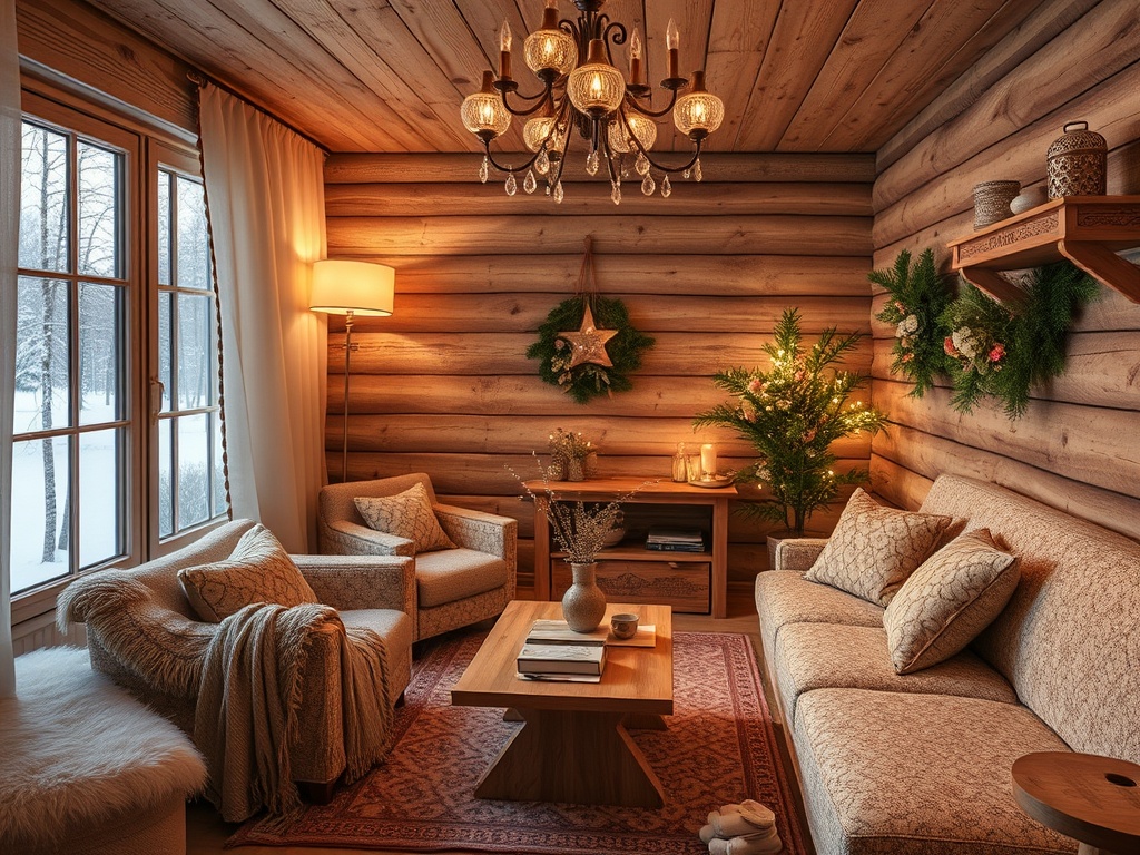 Уютная комната с деревянными стенами, диваном, креслами и рождественским декором, за окном снежный пейзаж.