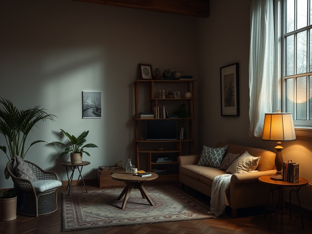 Уютная гостиная с диваном, растениями и полками, освещённая мягким светом настольной лампы.