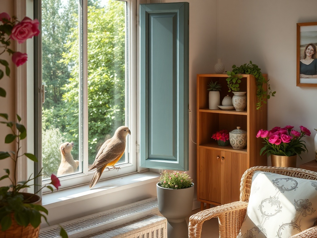 На окне уютного помещения стоят птица и два человека, рядом цветы и светлые предметы мебели.