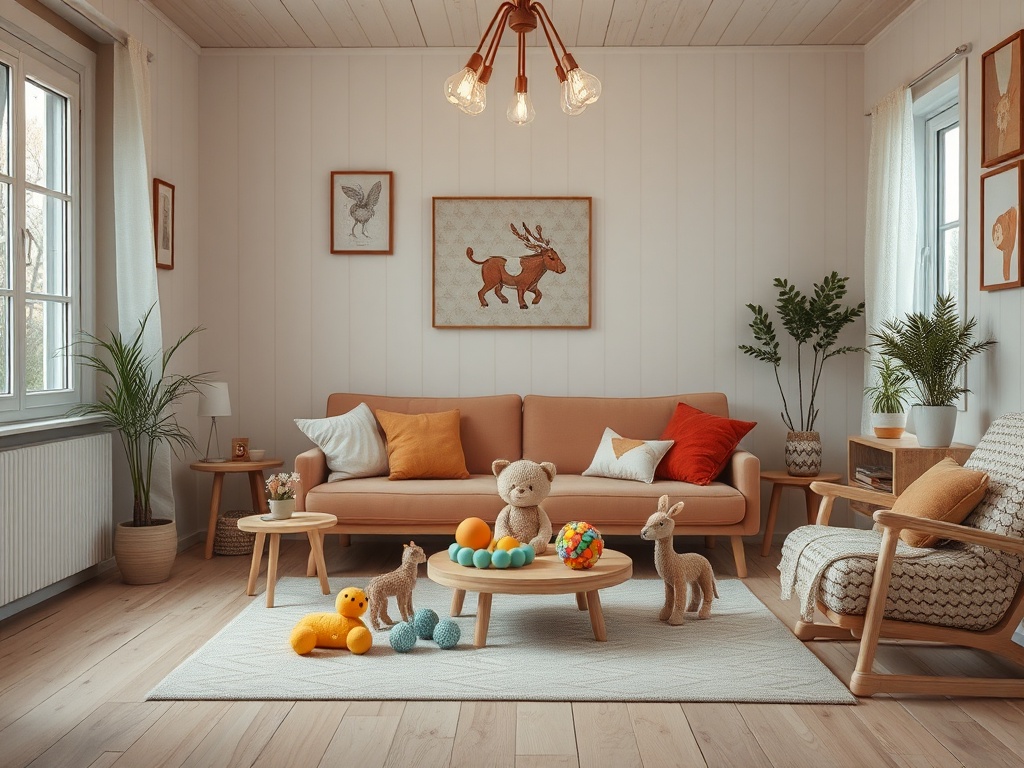 Уютная комната с диваном, игрушками и растениями, оформленная в светлых тонах и деревянных деталях.