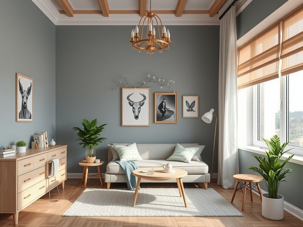 Современный светлый интерьер гостиной с диваном, деревянной мебелью и растениями в горшках.