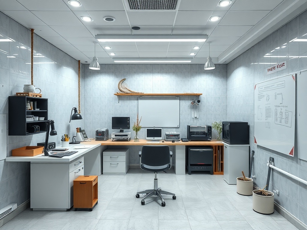 Современный офис с рабочим столом, компьютером и офисной техникой. Светлые стены и уютная обстановка.