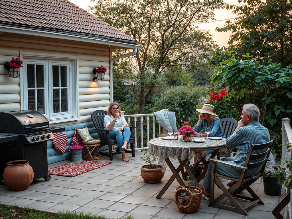 На террасе уютного дома друзья наслаждаются временем, беседуя и потягивая напитки. Солнечный вечер.
