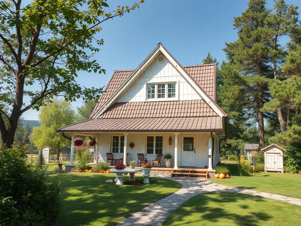 Уютный загородный дом с цветами и зелёным газоном, окружённый деревьями на фоне ясного неба.