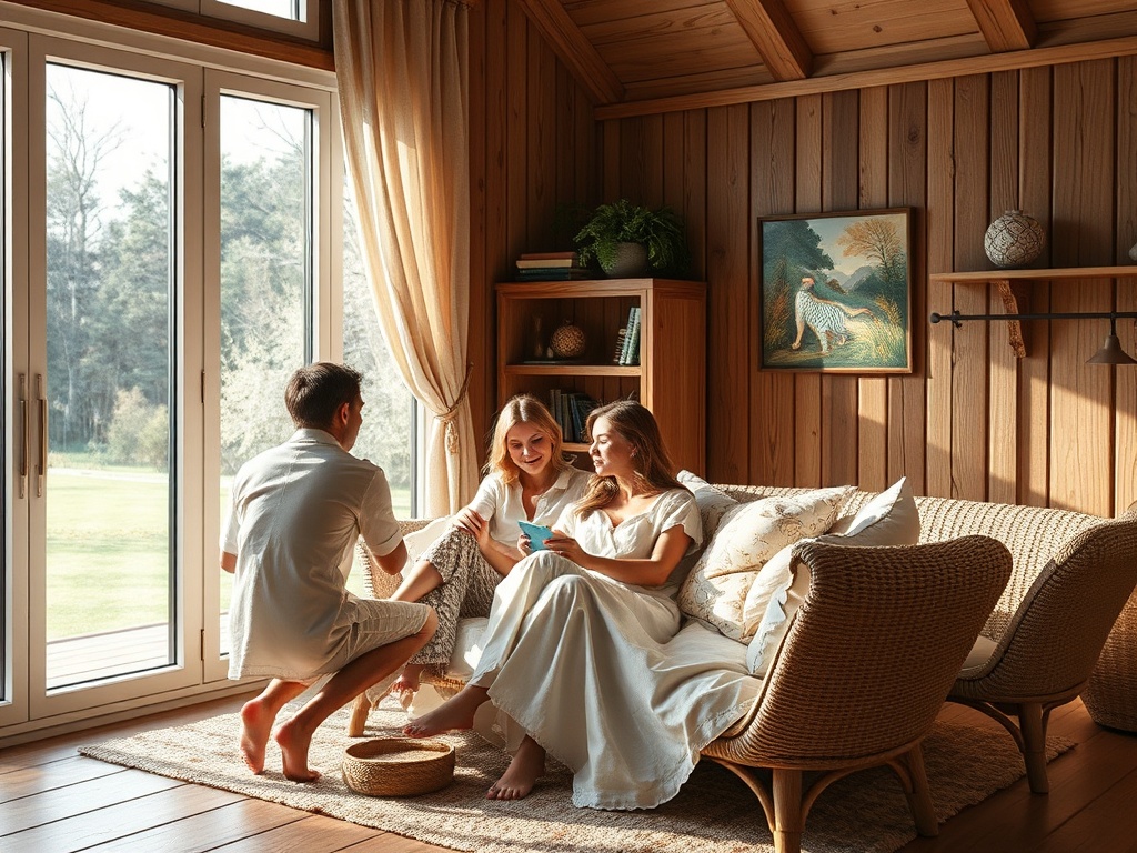 Три человека в уютной комнате общаются и смотрят на телефон, окруженные деревянной отделкой и светом.