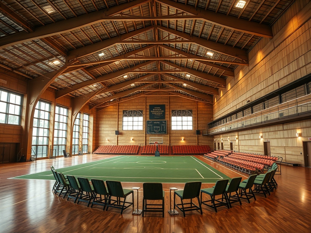 Современный спортивный зал с деревянными стенами и большим игровым полем для баскетбола и зрительскими местами.