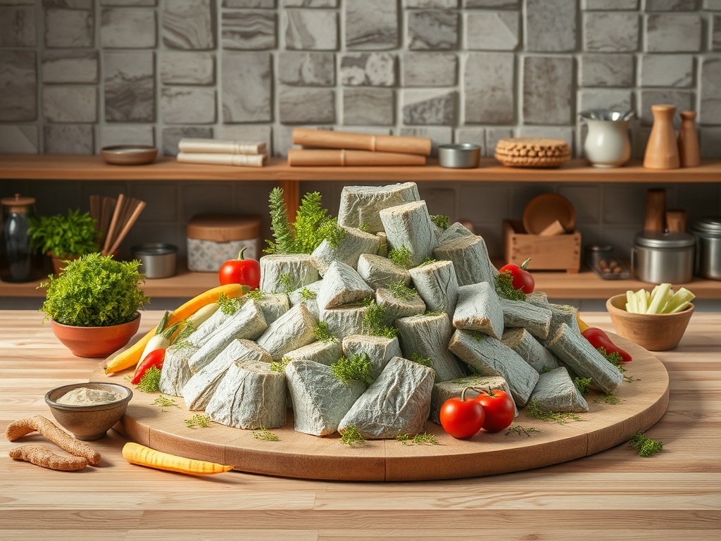 На деревянном подносе собраны красивые куски камня, окруженные овощами и зеленью. Атмосфера уютной кухни.