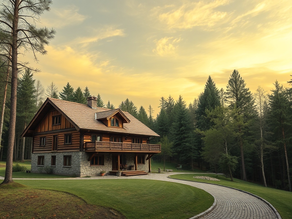 Современный дом в лесу на фоне заката, окружённый зелёными деревьями и ухоженной территорией.