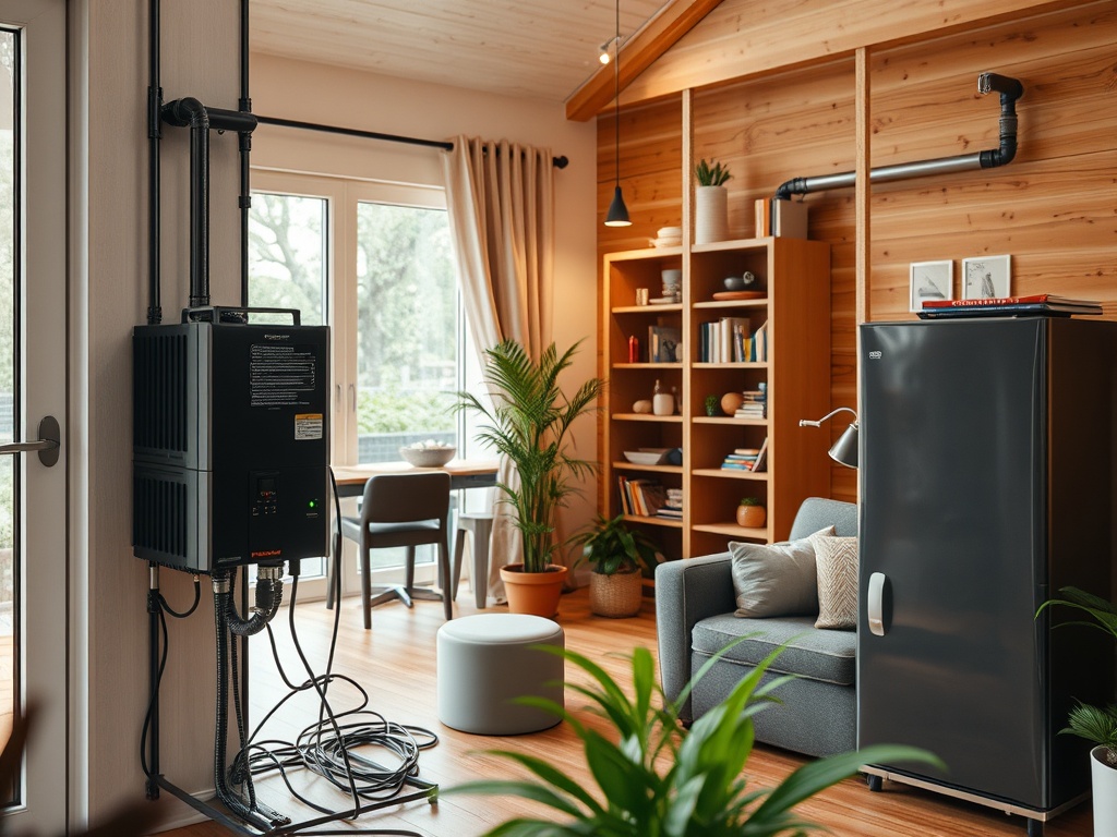 Комната с современным интерьером: диван, холодильник, книжный шкаф и стол с креслом у окна.