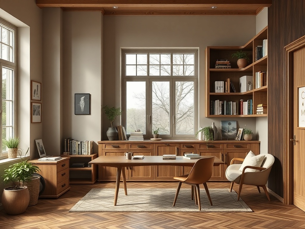 Светлый уютный офис с деревянной мебелью, большими окнами и растениями на столе и полках.