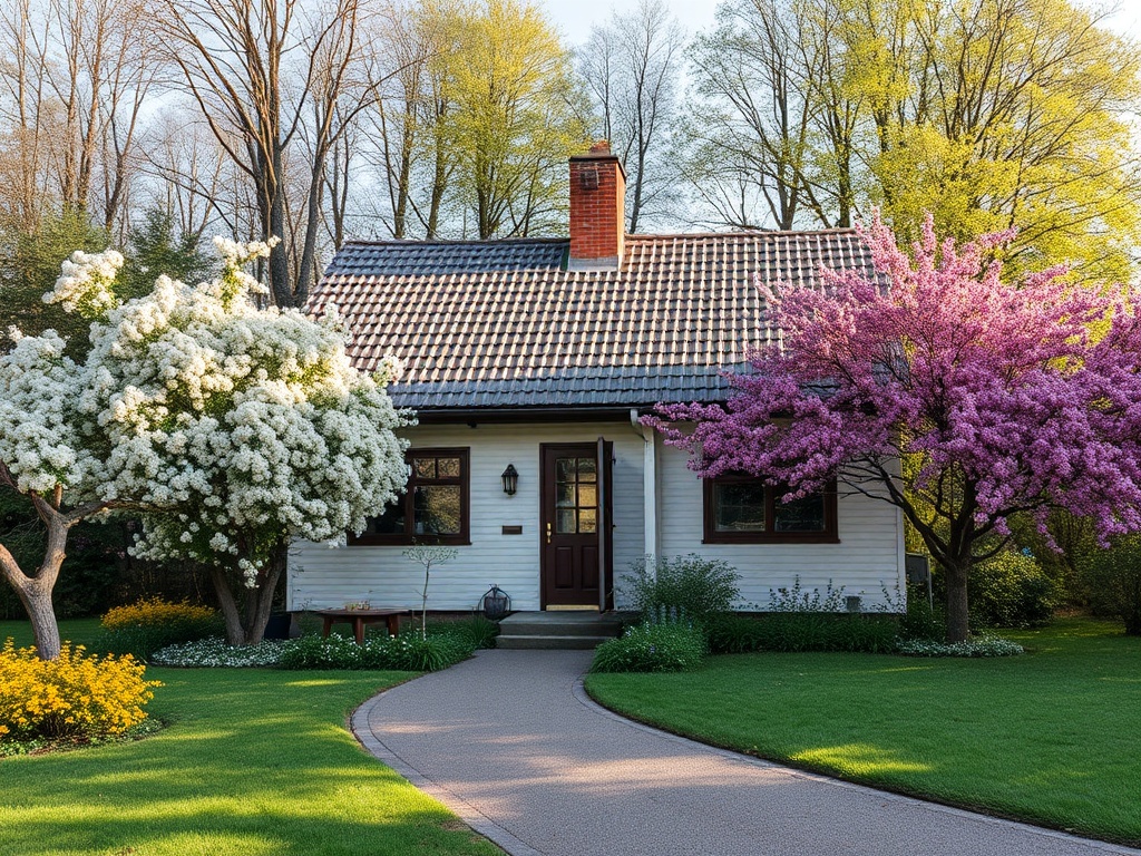 Светлый дом с черепичной крышей, окружённый цветущими деревьями и аккуратно подстриженным газоном.