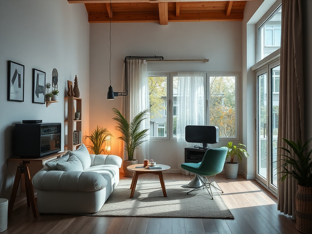 Современная гостиная с мягким диваном, креслом, растениями и большими окнами, наполняющими светом.