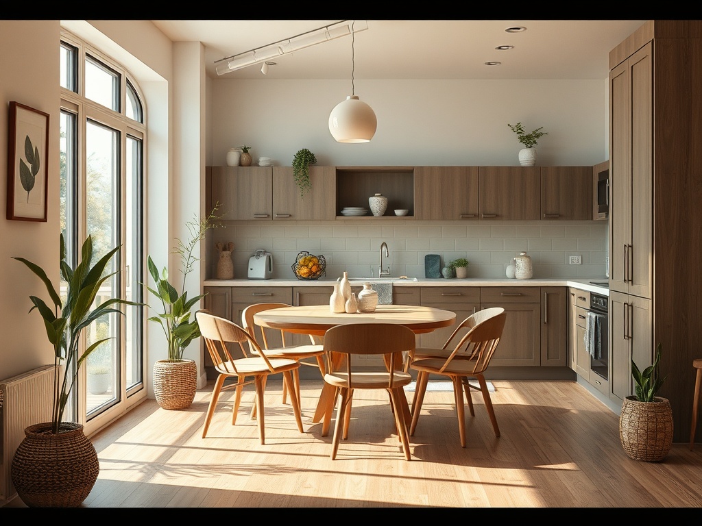 Светлая кухня с деревянной мебелью, круглым столом и зелеными растениями, большие окна.