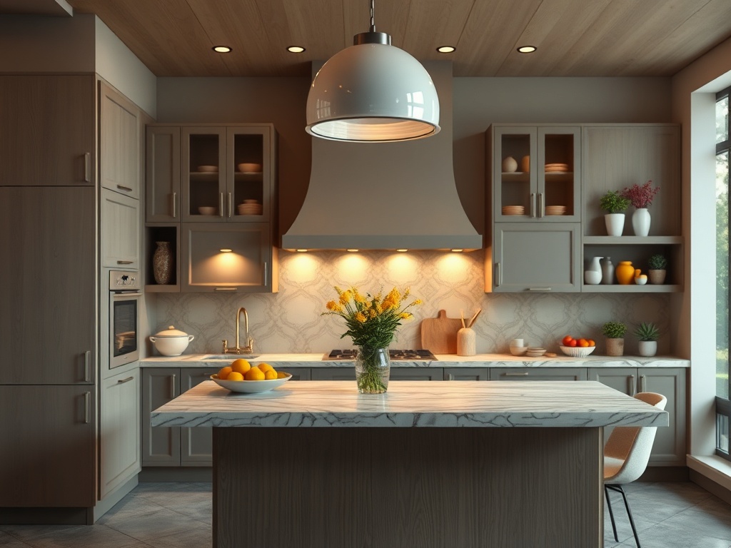 Современная кухня с деревянными шкафчиками и островом, ваза с цветами и фруктами на столе. Светлое и уютное пространство.