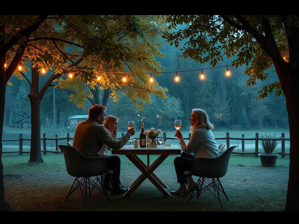 Трое людей наслаждаются вечером, под светом огоньков, обсуждая, напитки на столе.