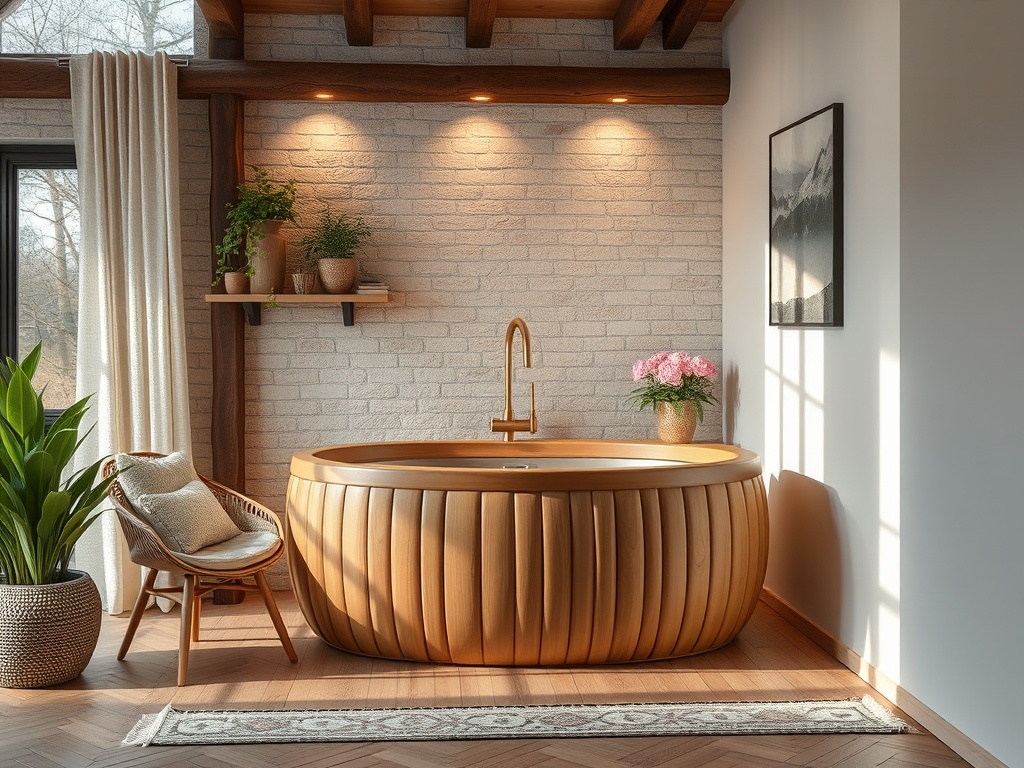 Современная ванная комната с деревянной ванной, растениями и уютным креслом у окна. Солнечный свет наполняет пространство.