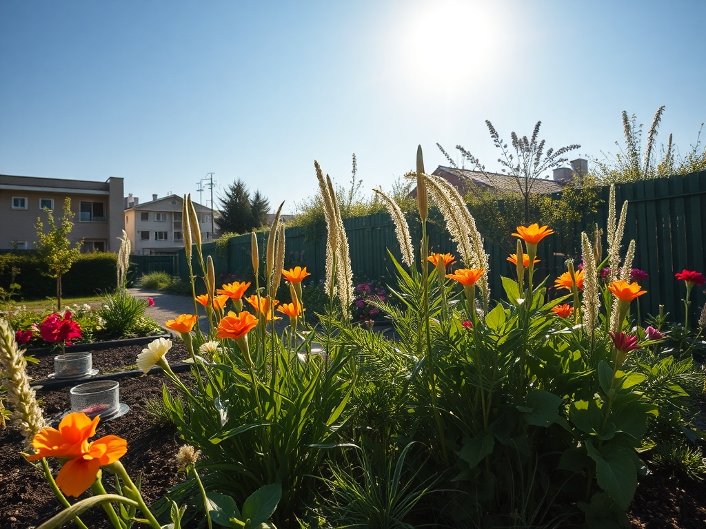 Цветущий сад с оранжевыми и розовыми цветами на фоне солнечного неба и жилых домов.