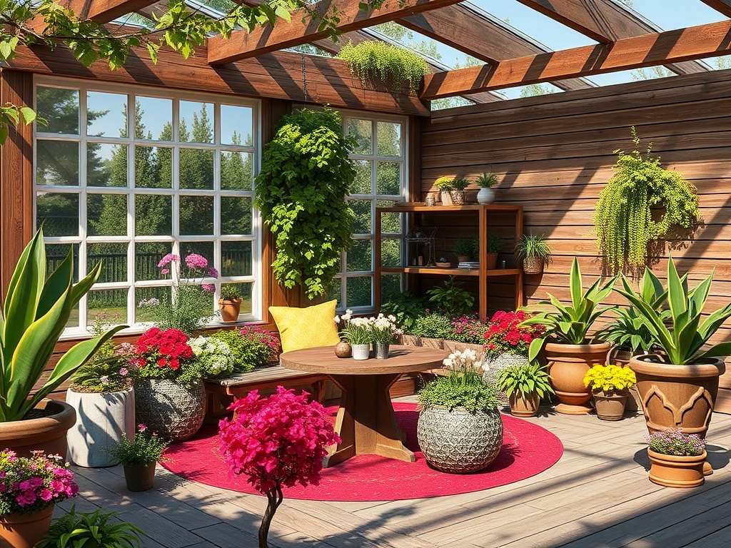 Уютная теплица с зелеными растениями и цветами, деревянными стенами и ярким ковром на полу.