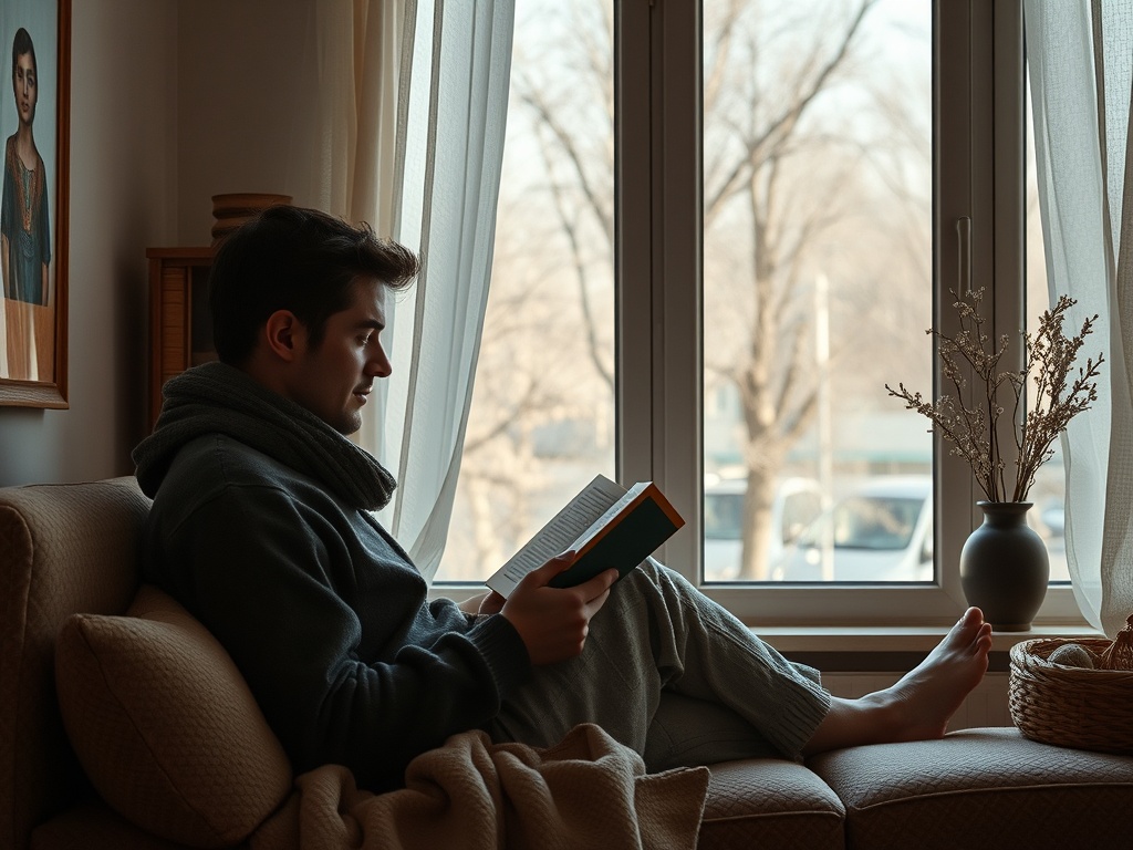 Парень читает книгу у окна, уютно устроившись на диване в тихой комнате в светлое время дня.