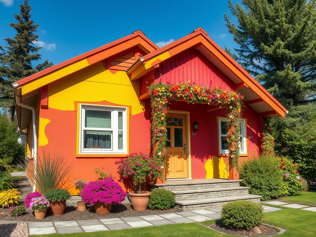 Яркий дом с красными и желтыми стенами, окруженный цветами и зеленью. Чистый голубой небо на фоне.