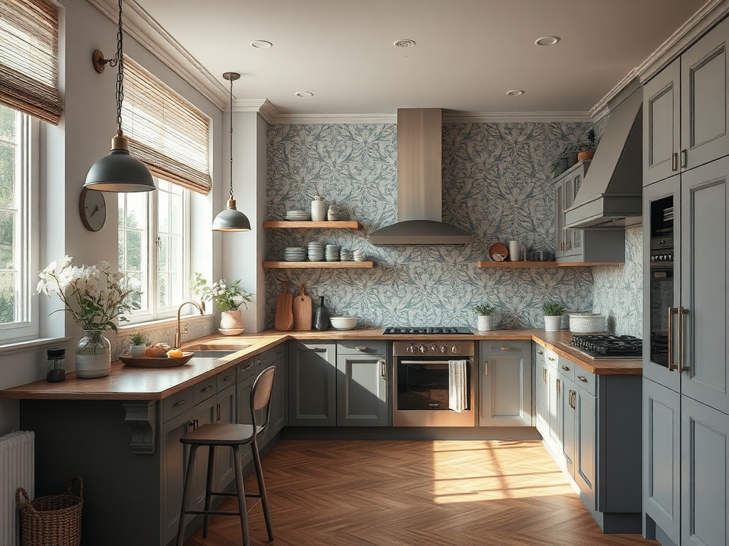 Современная кухня с деревянным верхом, зелеными стенами и множеством натурального света.